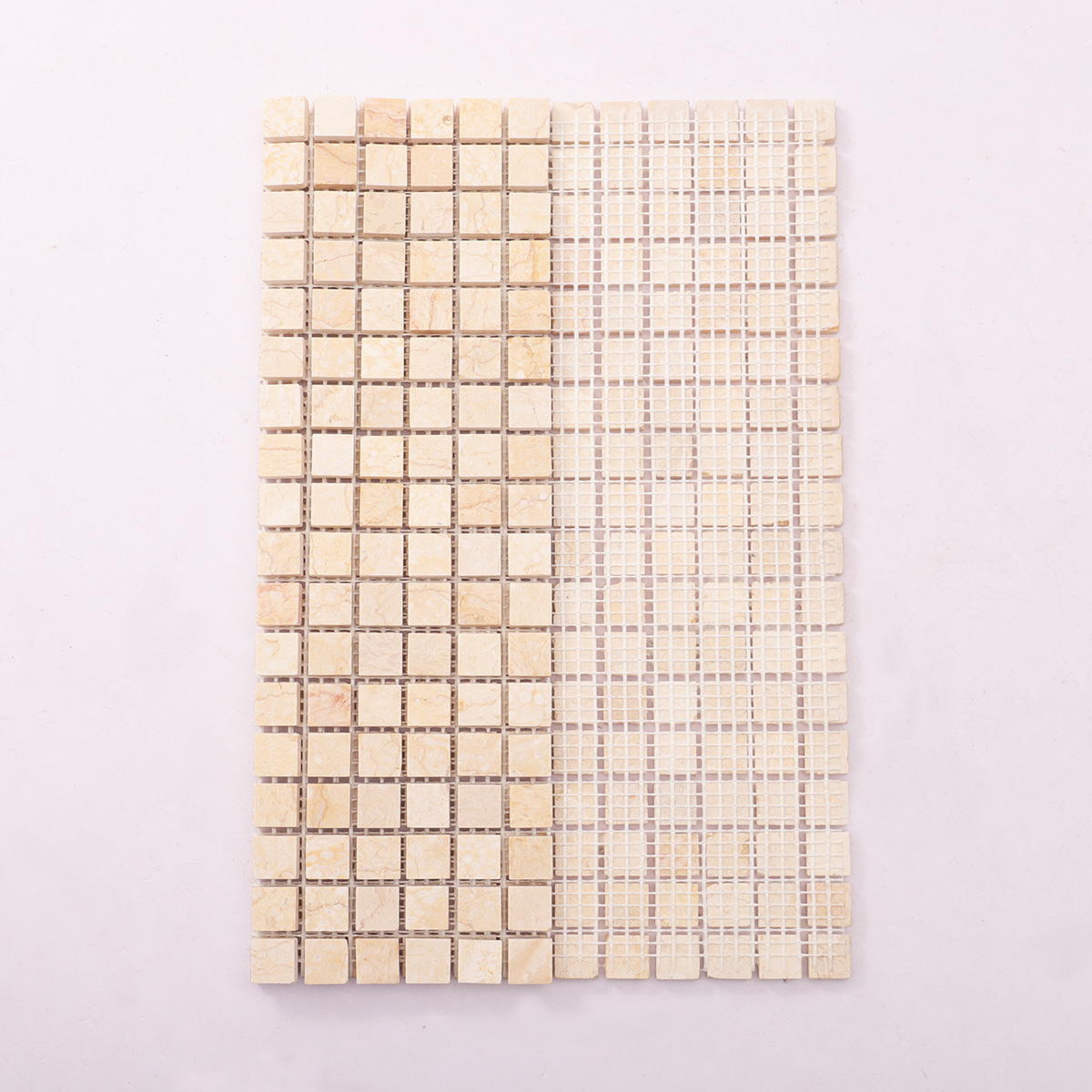 Crema Marfil polished marble mosaic tiles with folded back side.