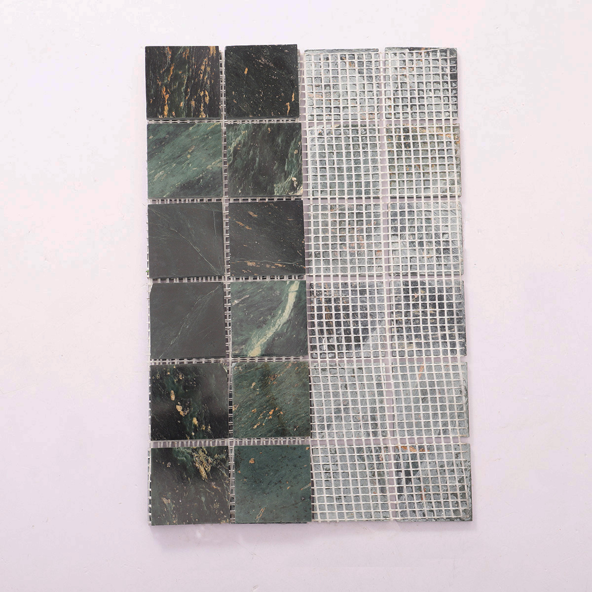 Folded back side of Empress Green square marble mosaic tiles.