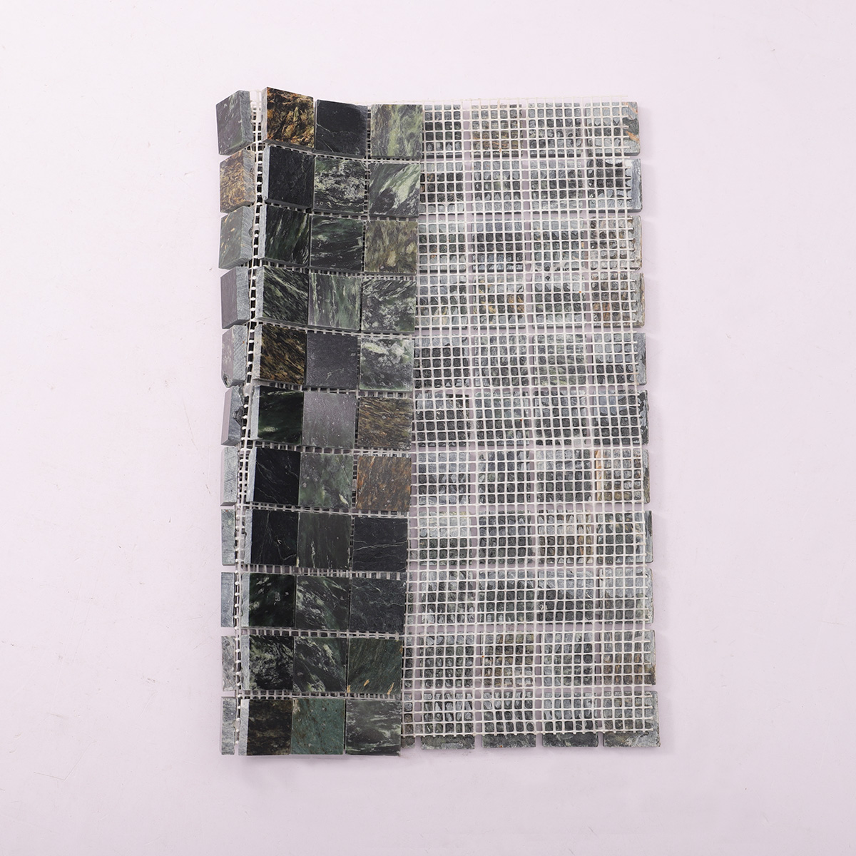 Folded back side of Empress Green marble mosaic stone tiles.