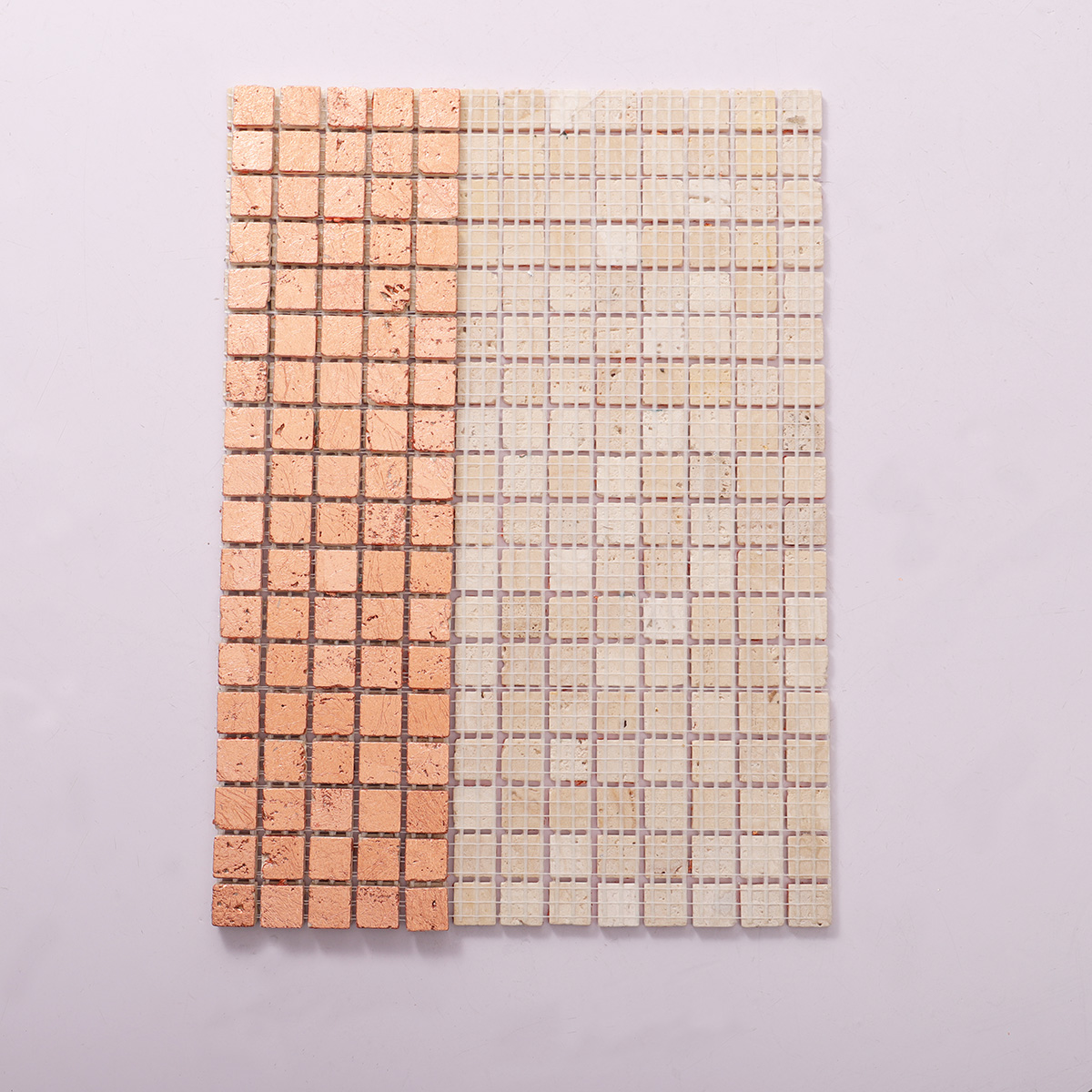 Back side of rose gold foil marble mosaic tiles, folded.