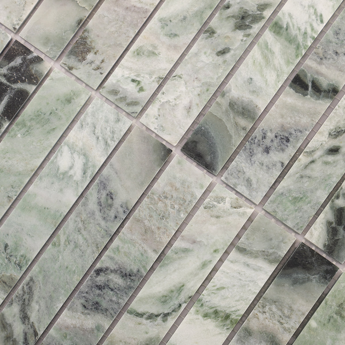 Close-up of emerald green marble polished vertical mosaic tiles