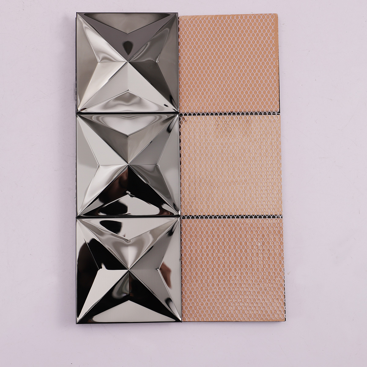 Rear folded view of black 3D mirror metallic mosaic tiles