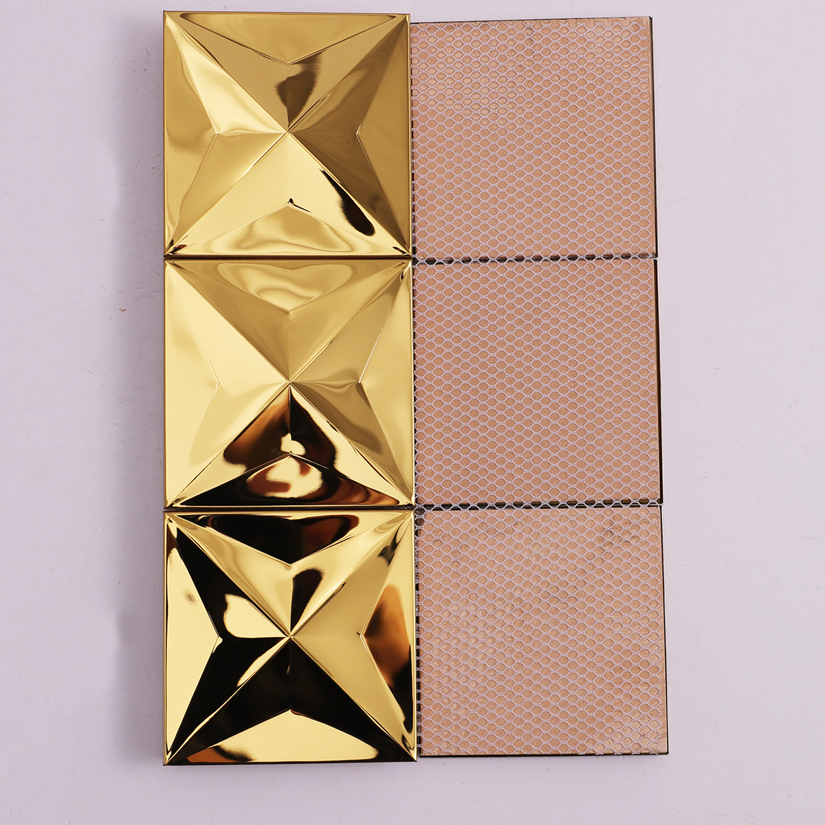 Back side of 3D gold stainless steel mosaic tiles, folded.
