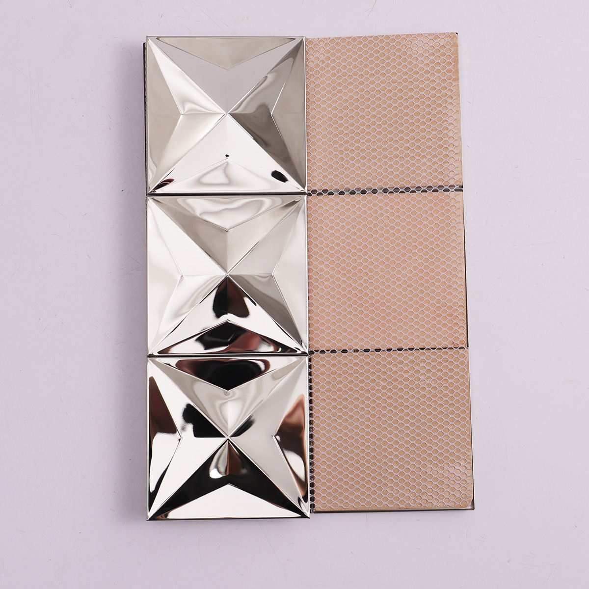 Back side of 3D silver mirror stainless steel square metal mosaic tiles, folded