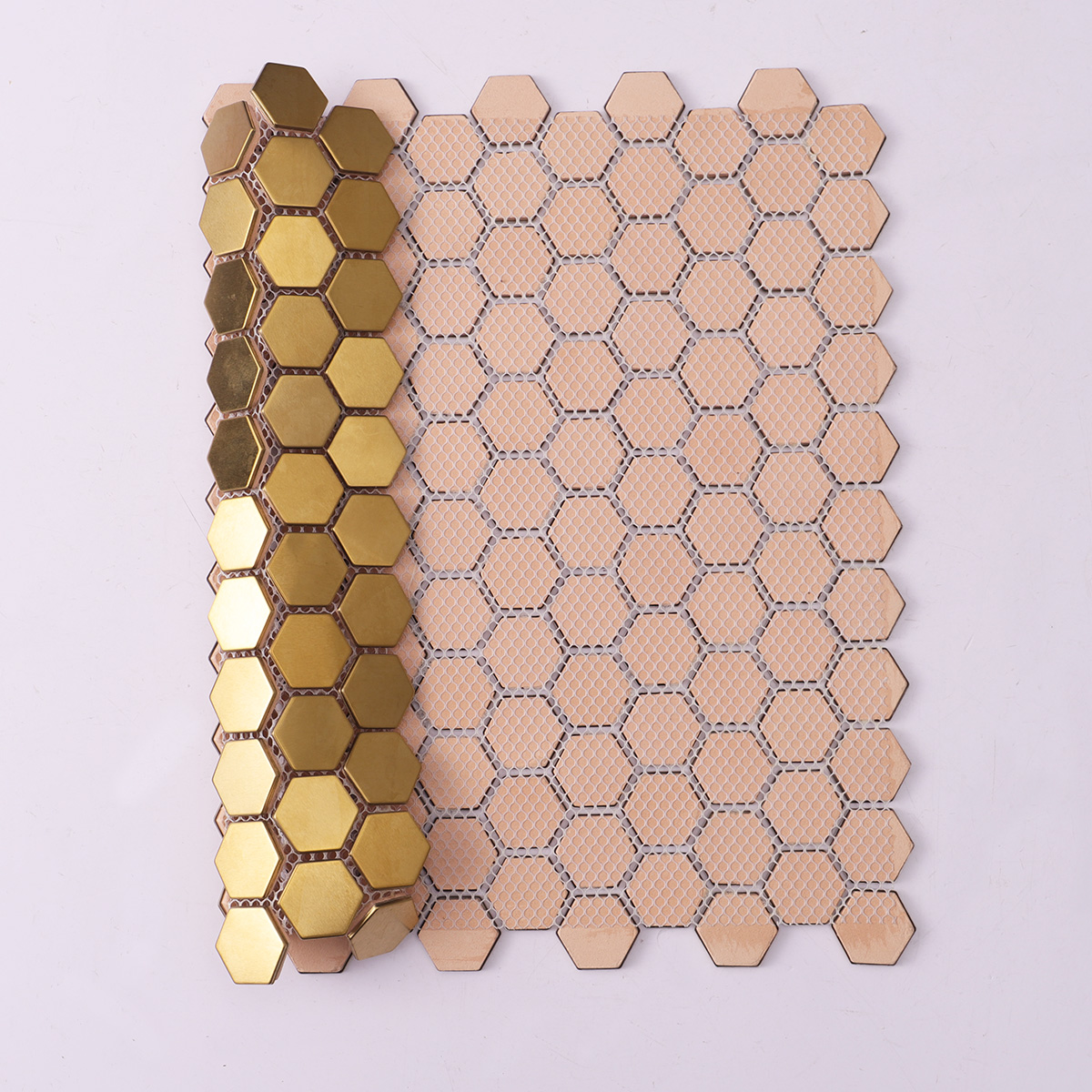 Back side of hexagon gold brushed mirror stainless steel mosaic tiles, folded.