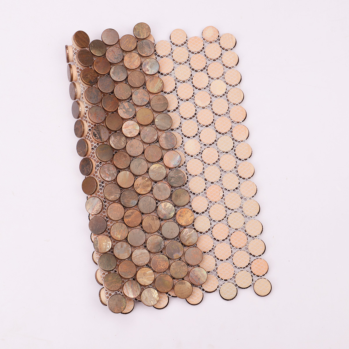 Back side of penny rounds copper mosaic tiles, folded.