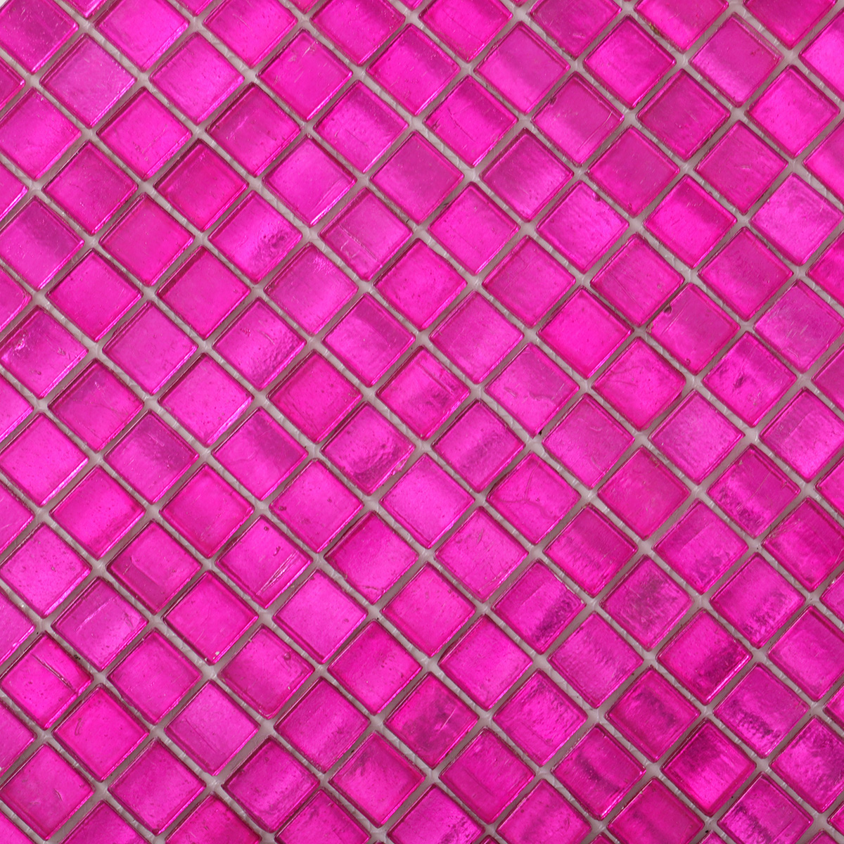 Close-up of hot pink foil square glass mosaic tiles.