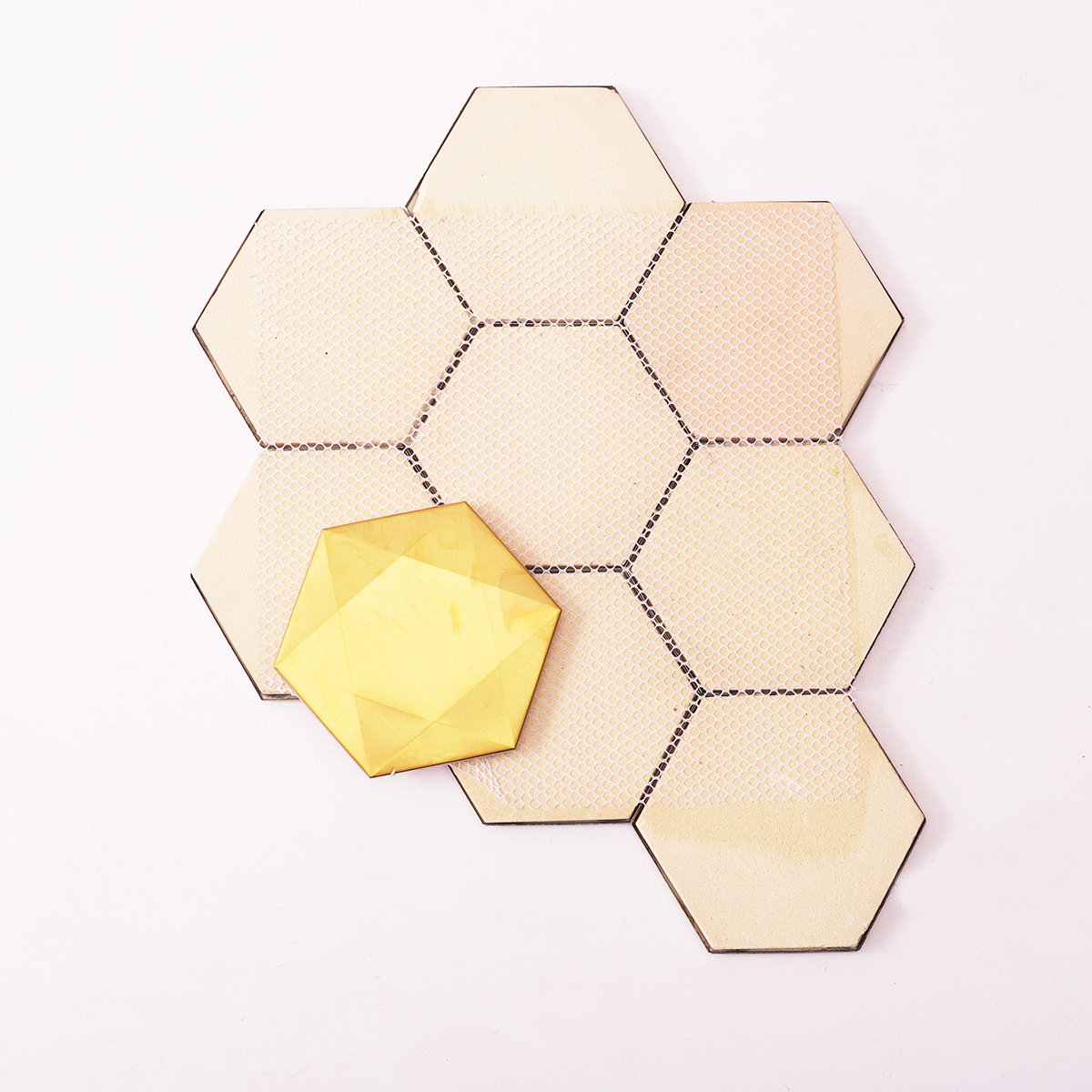 Folded back side of big hexagon 3D gold stainless steel metal mosaic tiles.