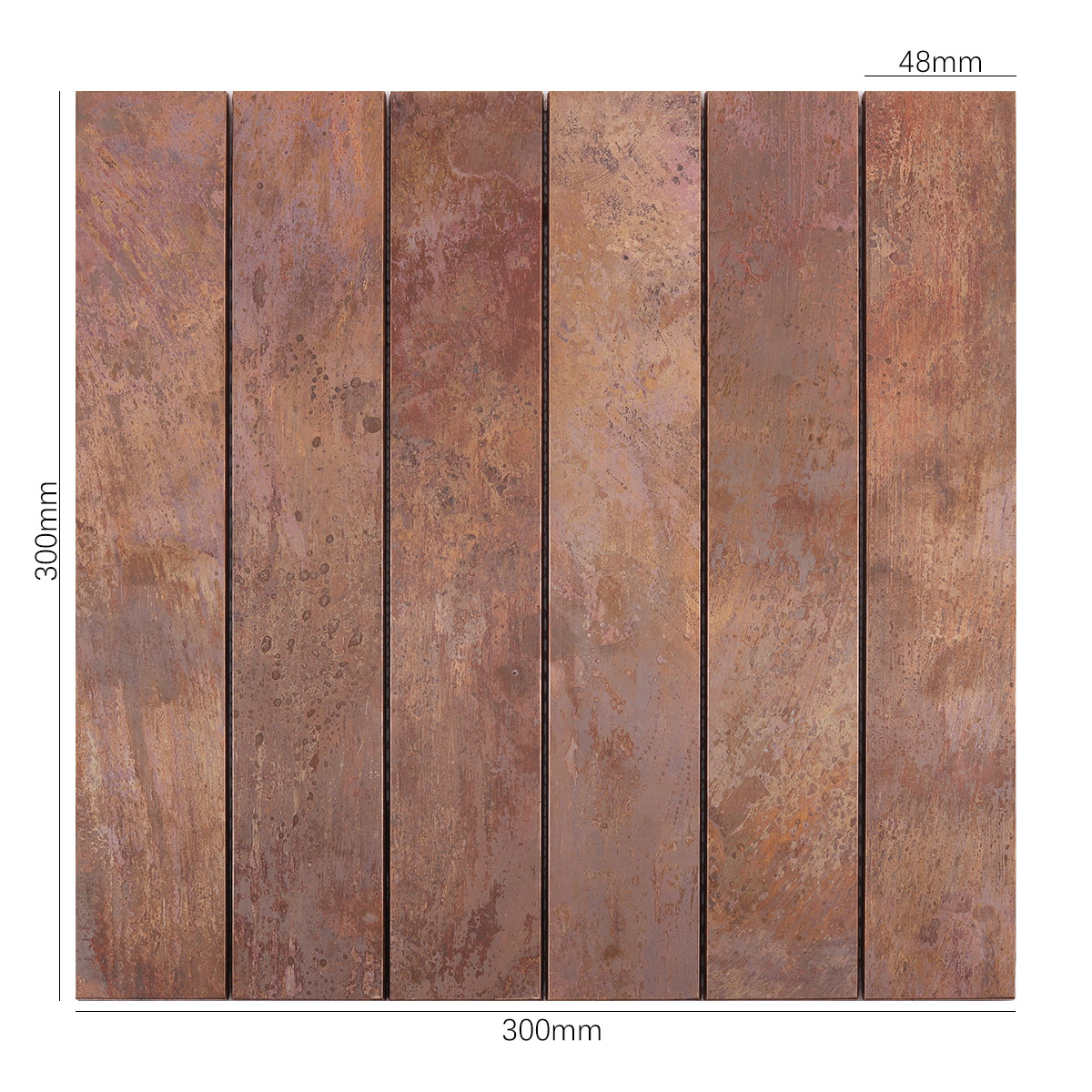 Size view of obverse side of copper rust matte brick metal mosaic tiles.