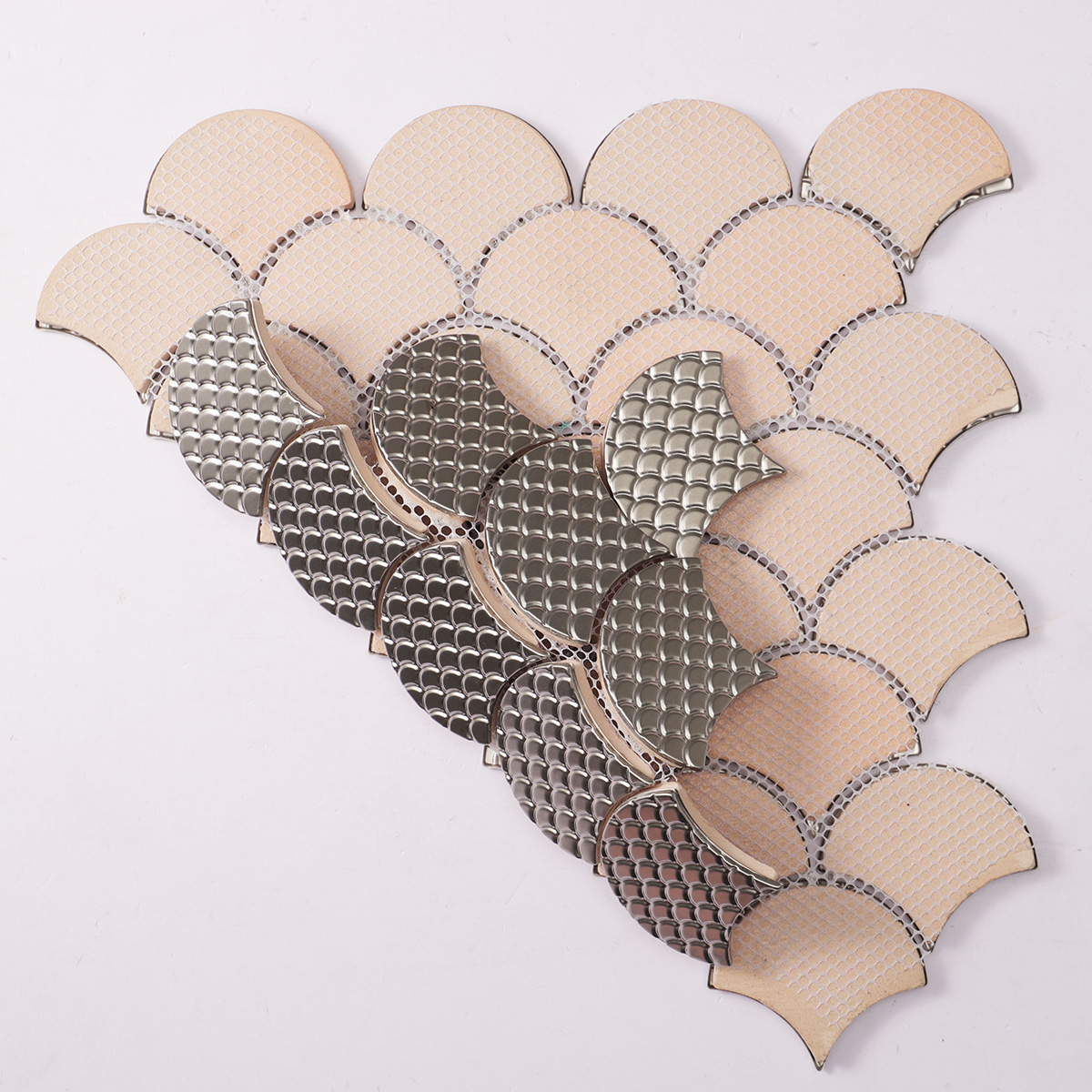 Folded back side of silver fish scale stainless steel metal mosaic tiles