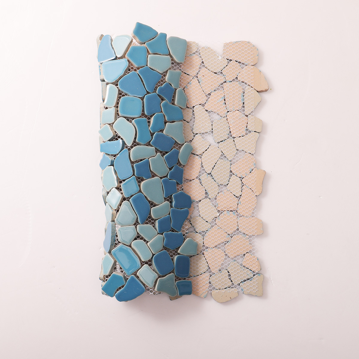 Folded back side of ceramic cracked mosaic tiles