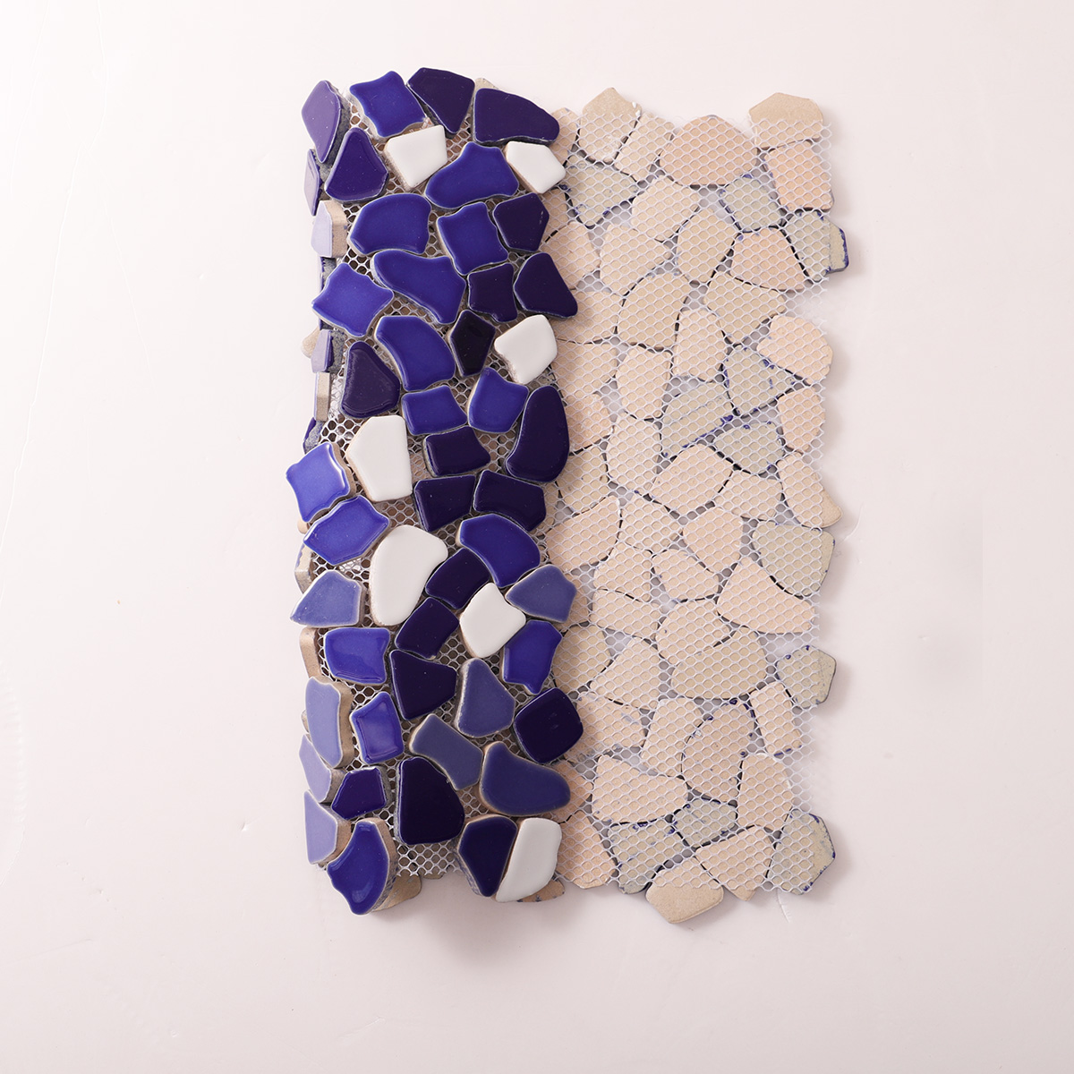 Folded back side of blue broken ceramic mosaic tiles