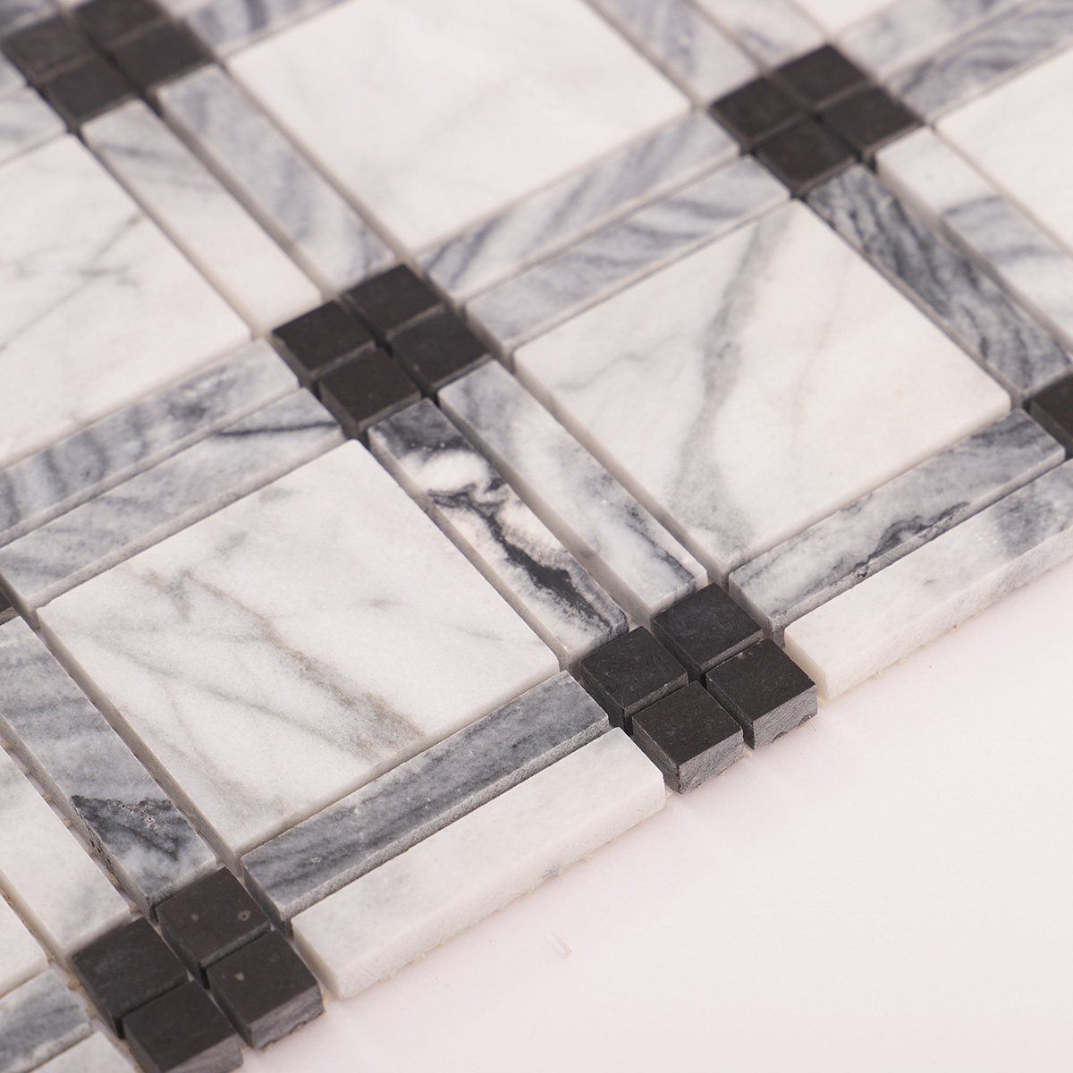 Black & White Plaid Marble Polished Mosaic Tiles-SAICINA TILES