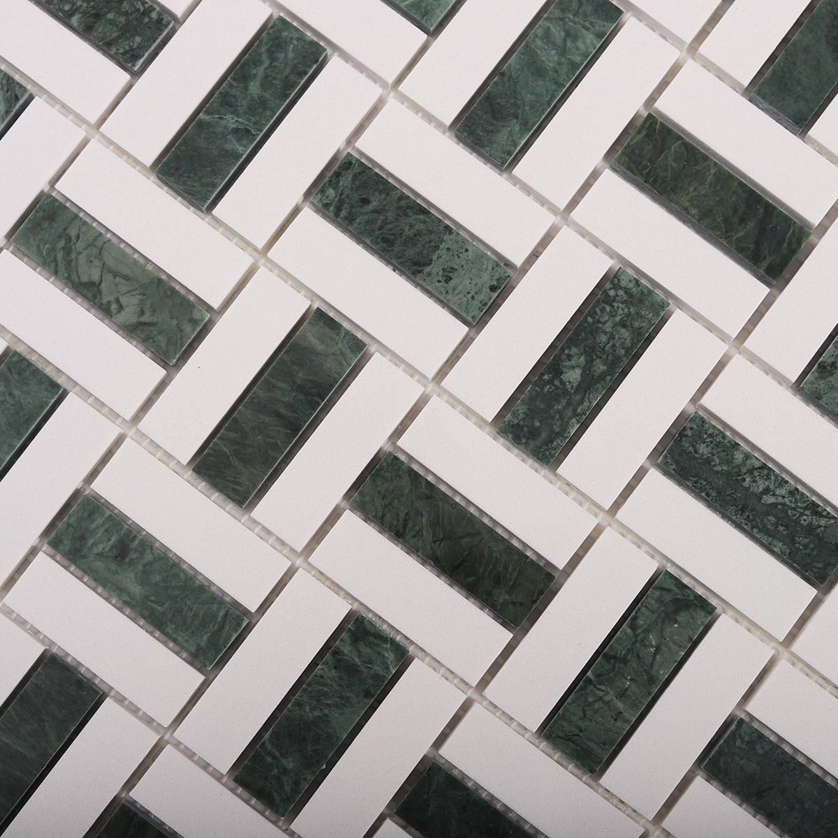 Empress Green and White Marble Mosaic Basketweave Tiles-SAICINA TILES