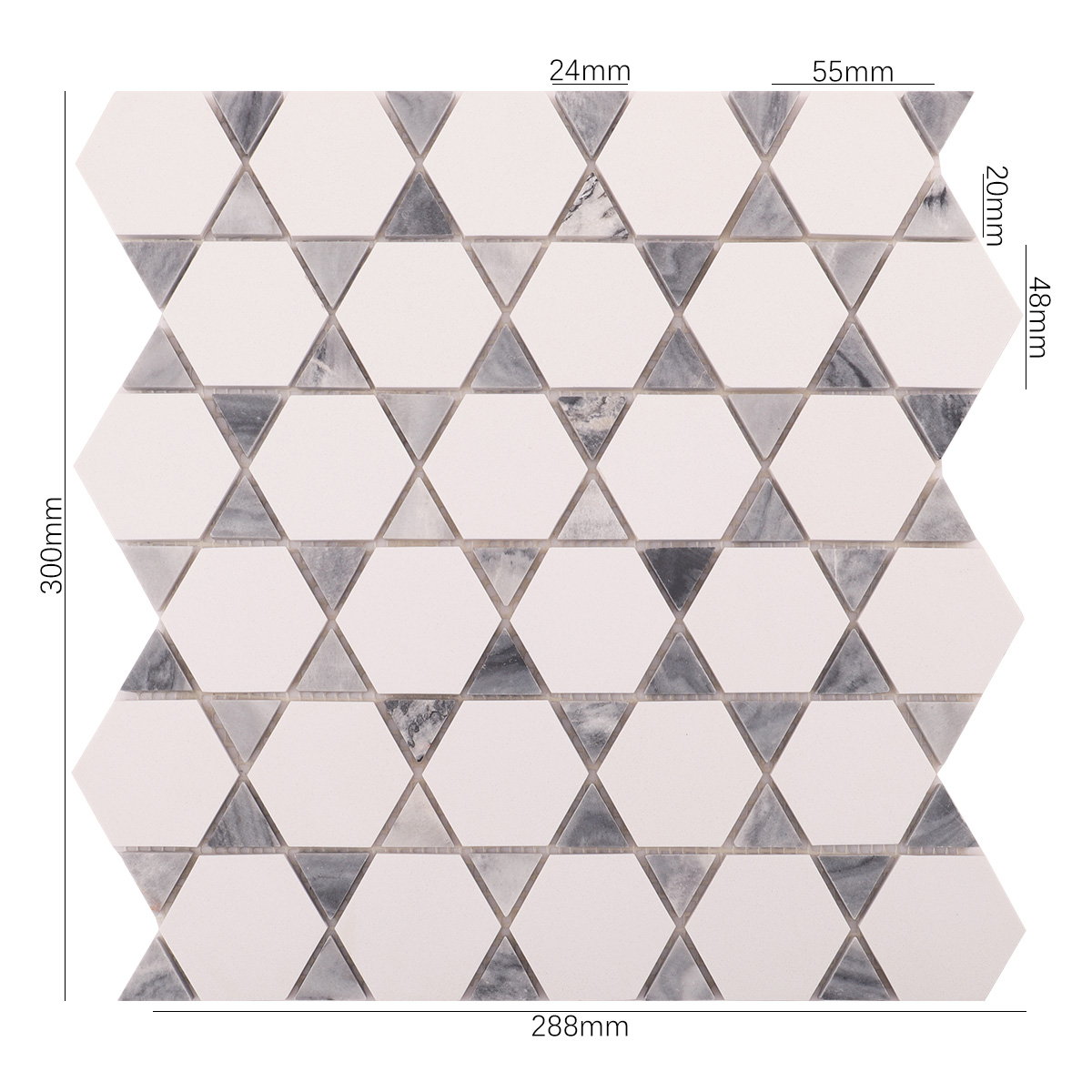 Detailed size view of obverse side of hexagon mix triangle marble mosaic tiles.