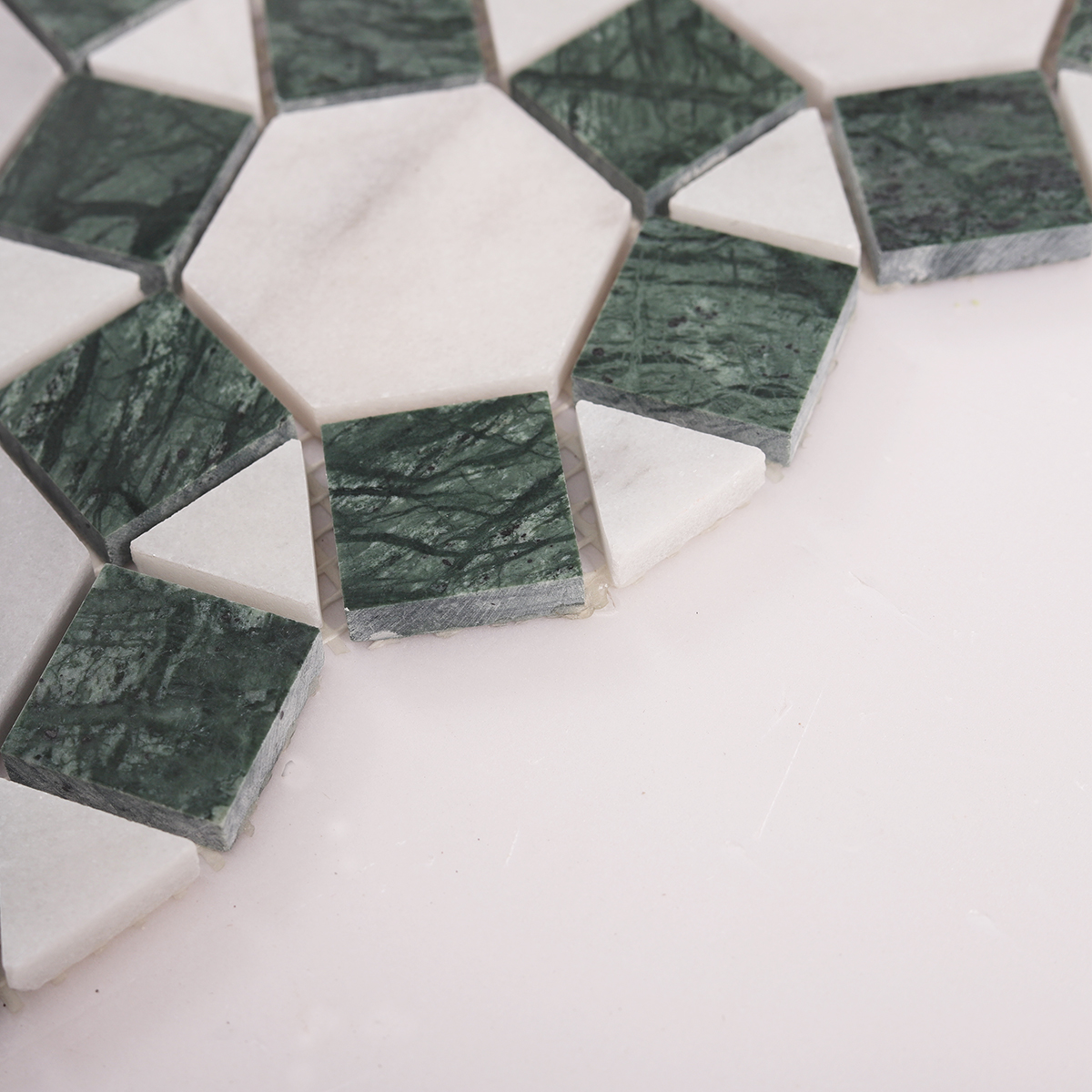 Side close-up view of hexagon and square green sunflower ring marble mosaic tiles