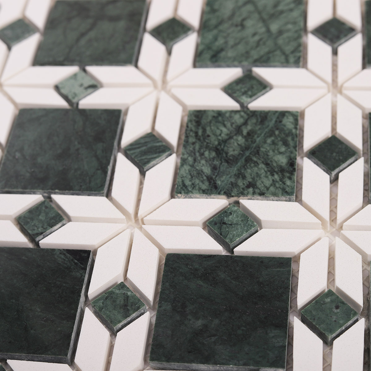 Close-up of Green and White Natural Marble Flower mosaic tiles