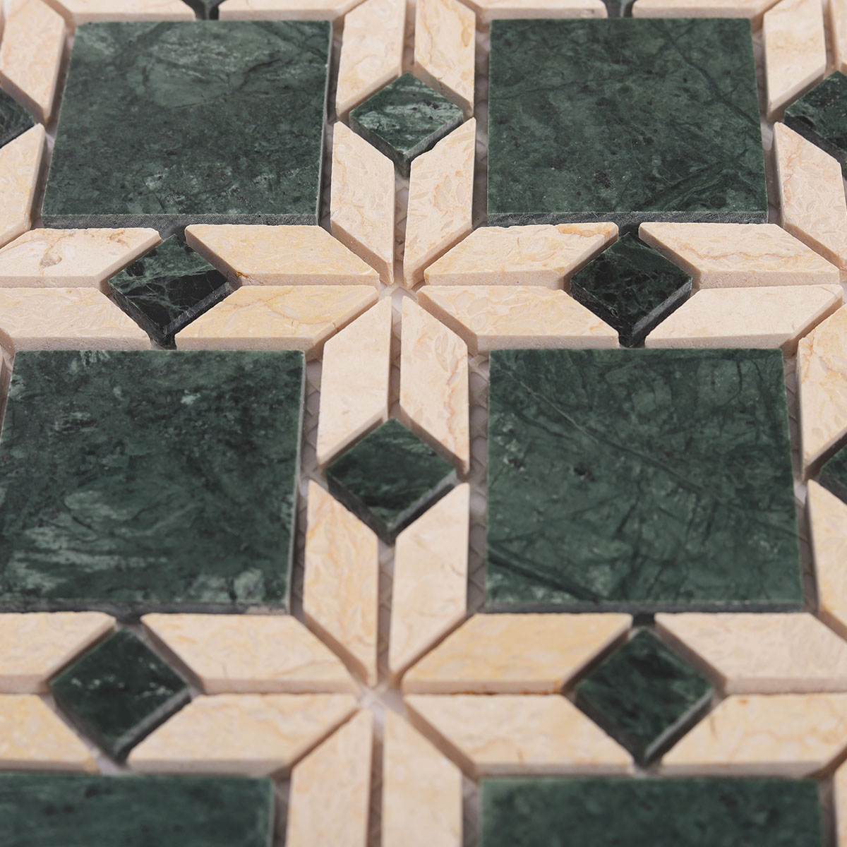 Close-up of Polished Green Floral marble mosaic tiles