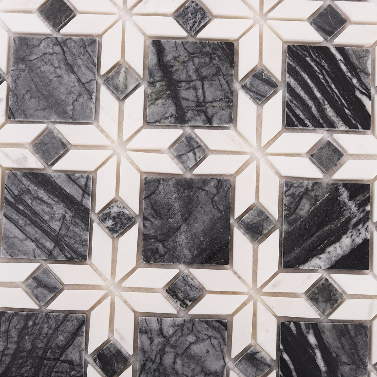 Close-up of Floral Pattern Gray and White Marble Mosaic Tiles