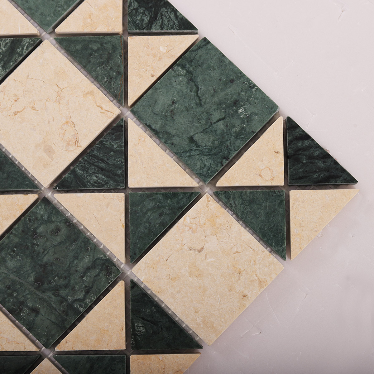 Detailed close-up of Natural Marble Green and Beige Mosaic Tiles.