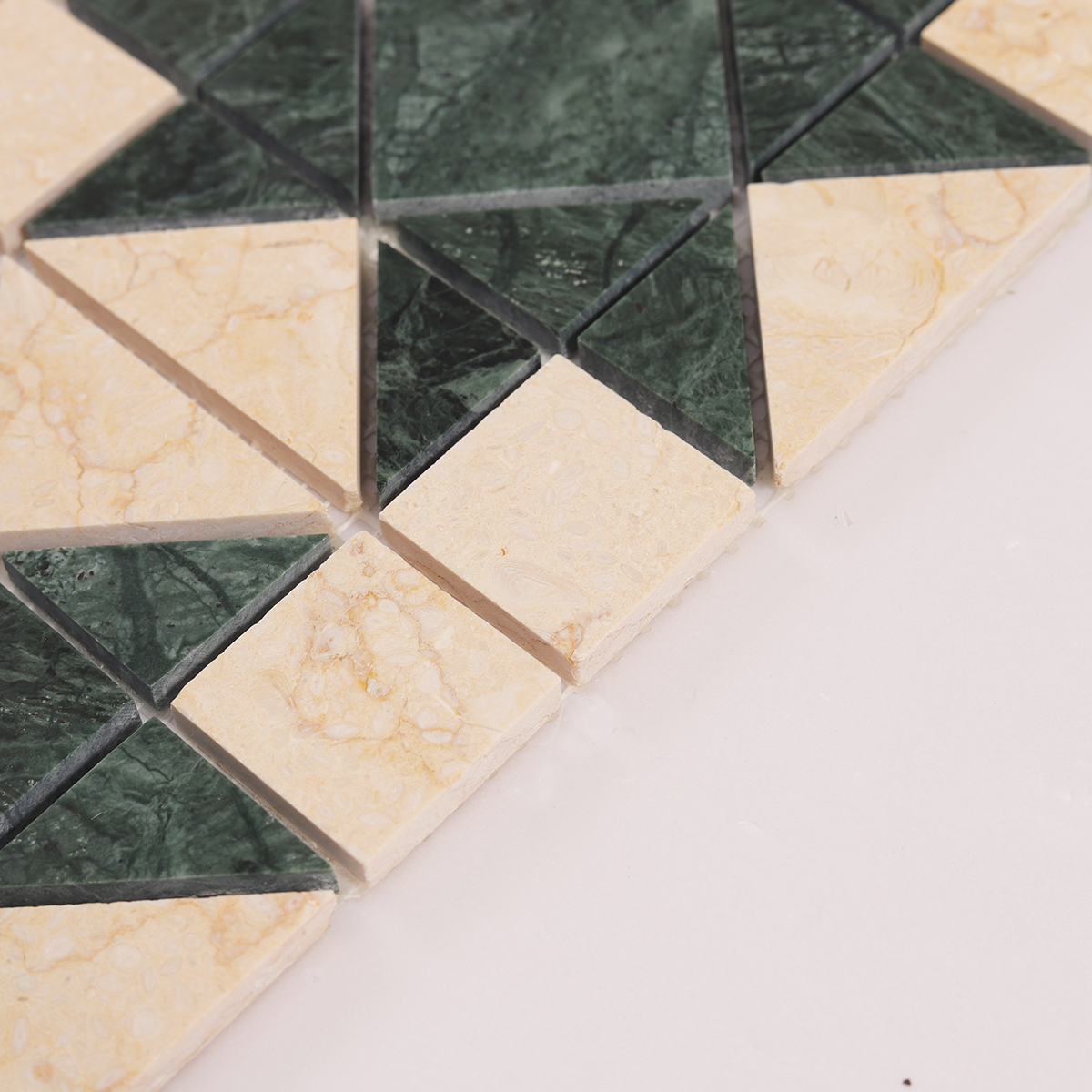 Side close-up view of Green Mixed Beige Stars Marble Mosaic Tiles, showing texture and thickness