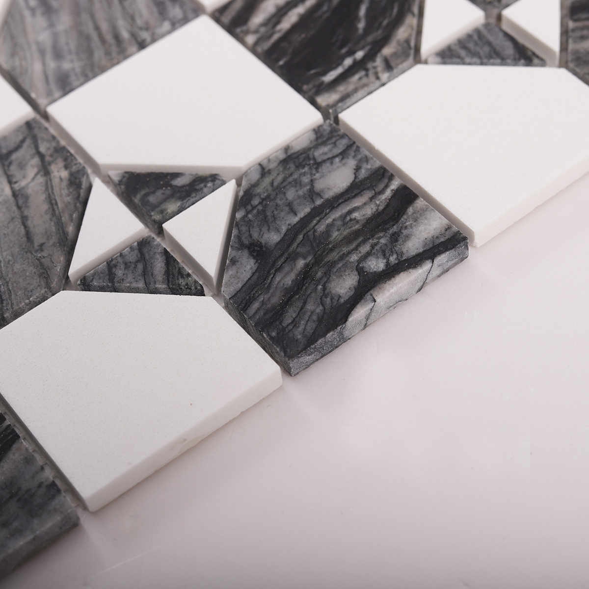 Side close-up view of Gray & White Thassos Natural Marble Mosaic Tiles