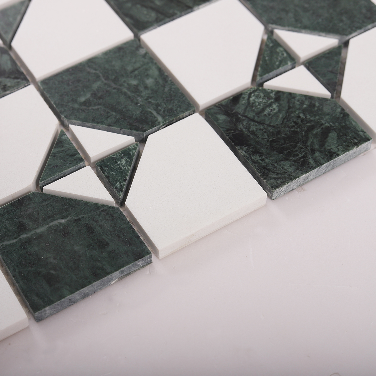 Side close-up view of Green Mixed White Natural Stone Retro Mosaic Tiles