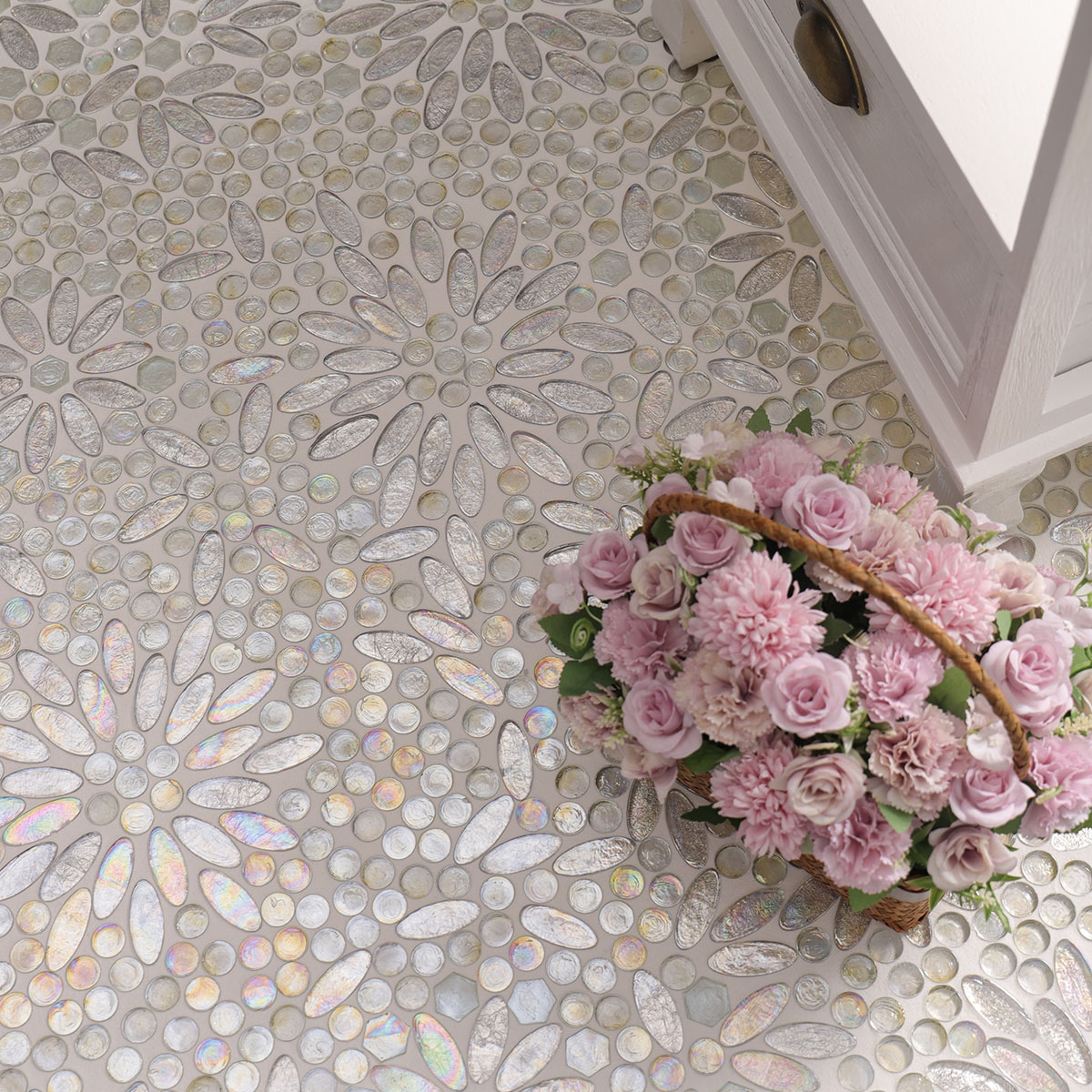 Room with Opalescent Oval Flower Glass Mosaic Floor Tiles, a pink flower 