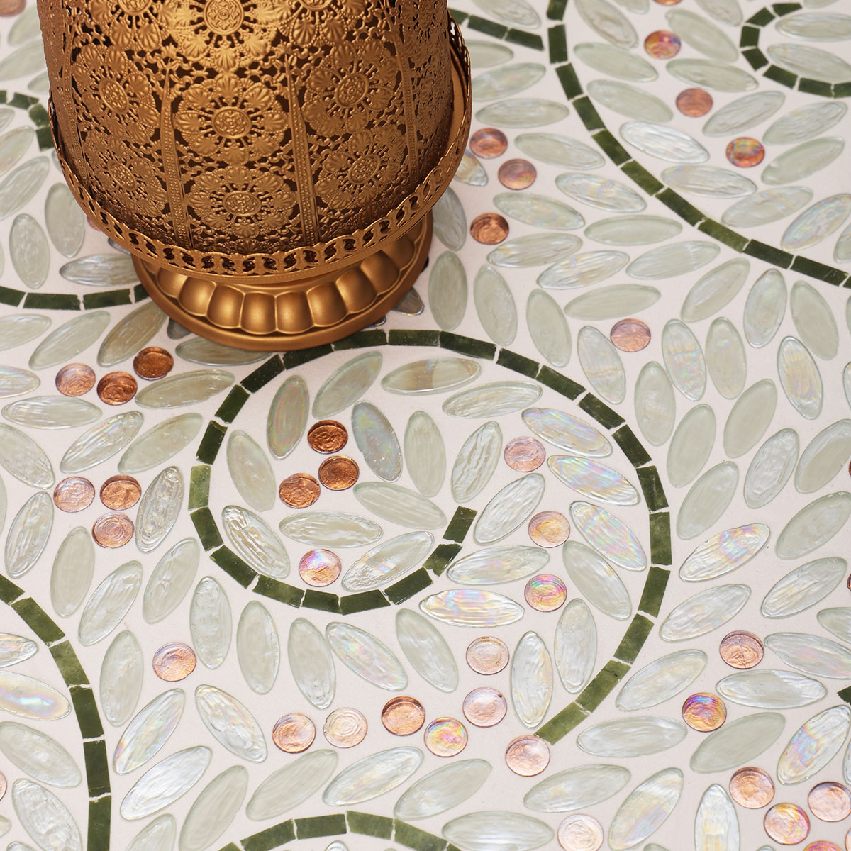Floor scene with White Oval Glass Mosaic Art Tiles and copper decor pieces