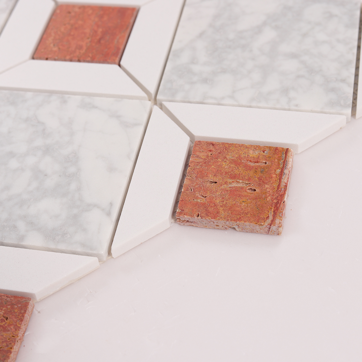 Side close-up view of White and Red Polished Marble Mosaic Tiles, showing texture and thickness
