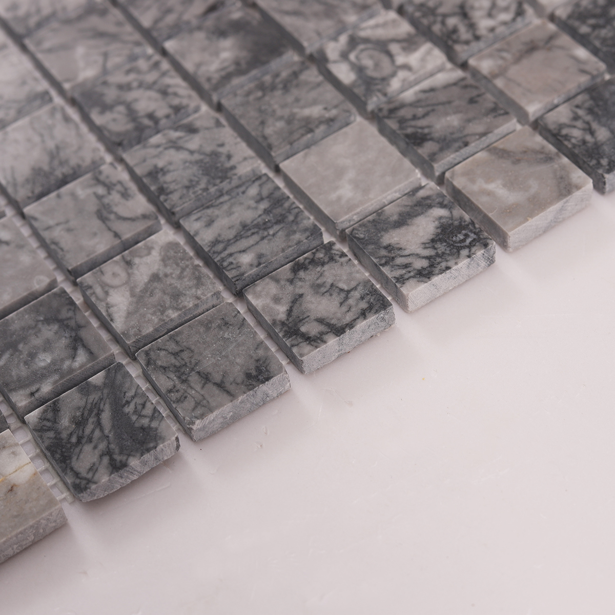 Side close-up view of Bardiglio Gray Square Marble Polished Mosaic Tiles