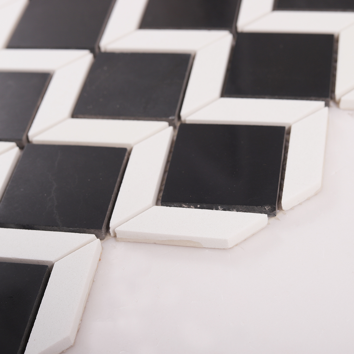 Side close-up view of Geometric Square Black and White Marble Mosaic Tiles