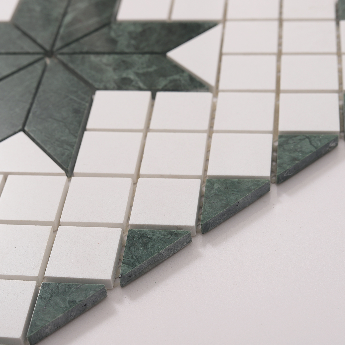 Side close-up view of Green & Snow White Multi-Finish Star Marble Mosaic Tiles