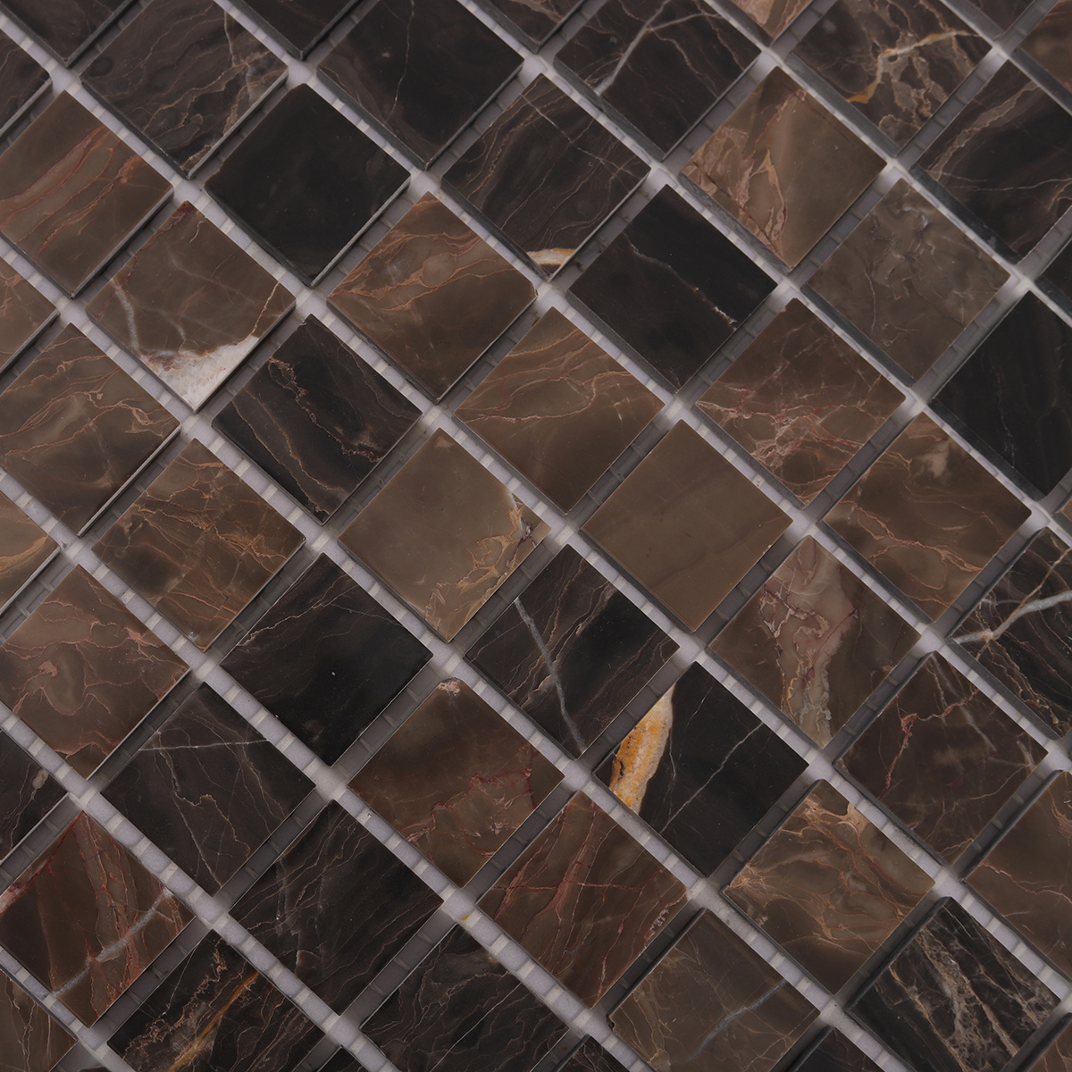 Close-up of Dark Emperador Marble Square Mosaic Tiles, texture detail