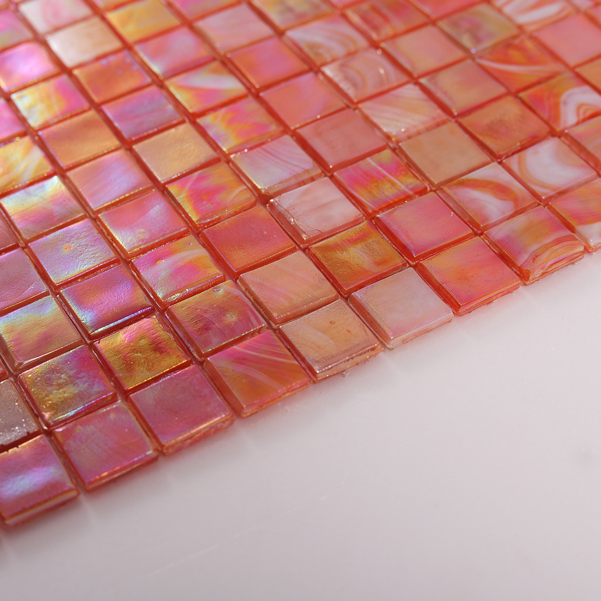 Side view close-up of Orange Square Glass Mosaic Kitchen Tiles, edge detail