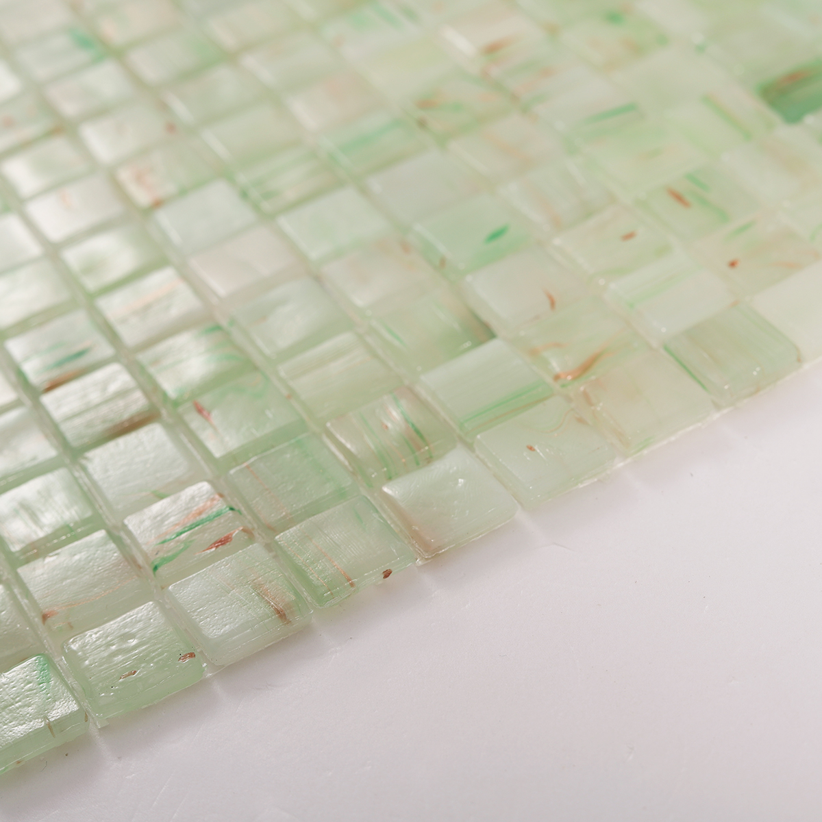 Side view close-up of Light Green Square Mosaic Wall and Floor Tile, edge detail