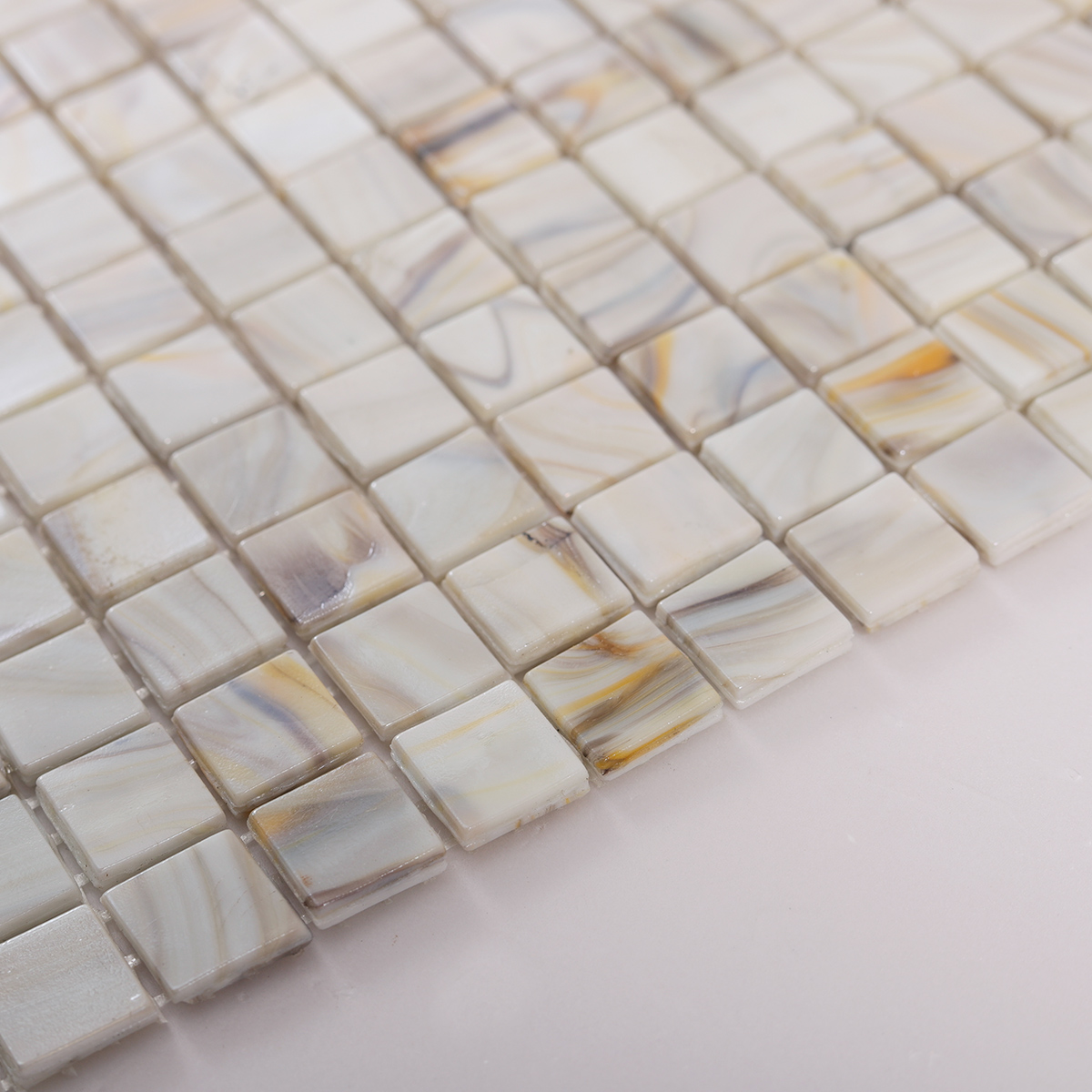 Side view close-up of Glass Square Mosaic Gray Beige Tile, edge detail