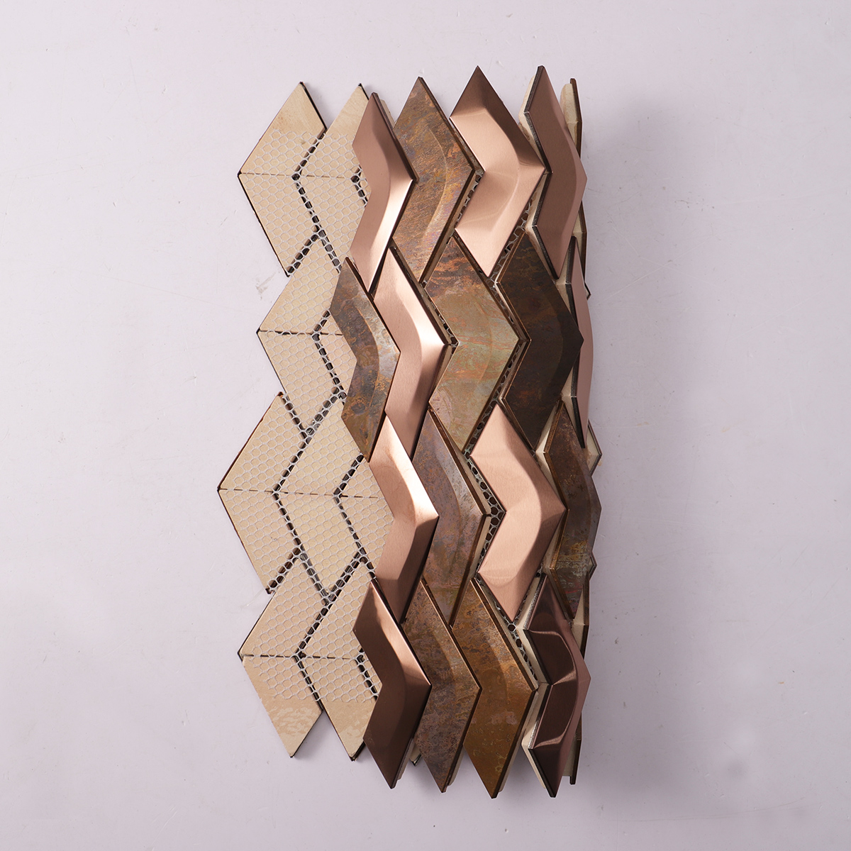 Copper and Stainless Steel Chevron 3D Metal Mosaic Tile, back side with fold visible