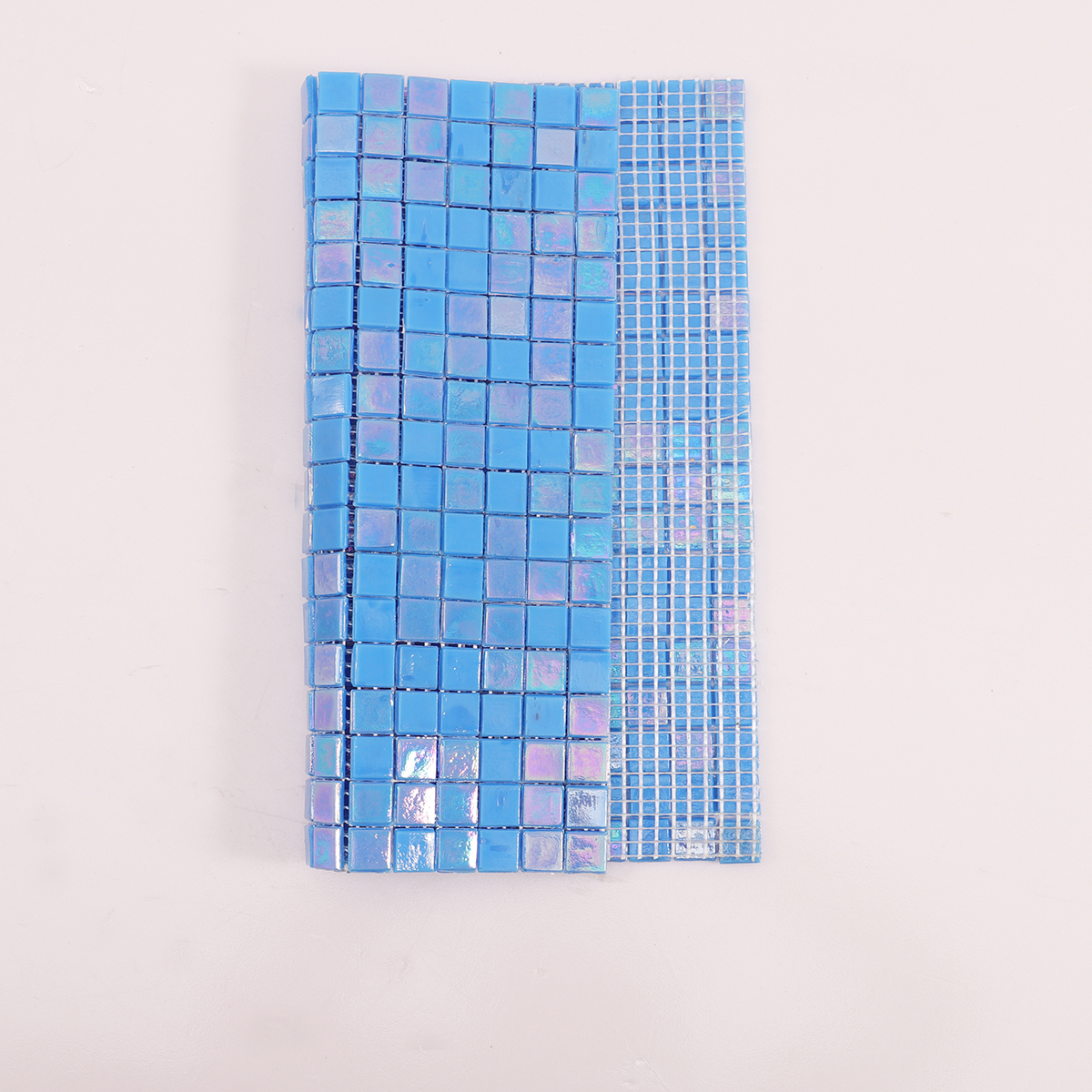 Iridescent Blue Glass Square Mosaic Floor Tile, back side with fold visible, sturdy design