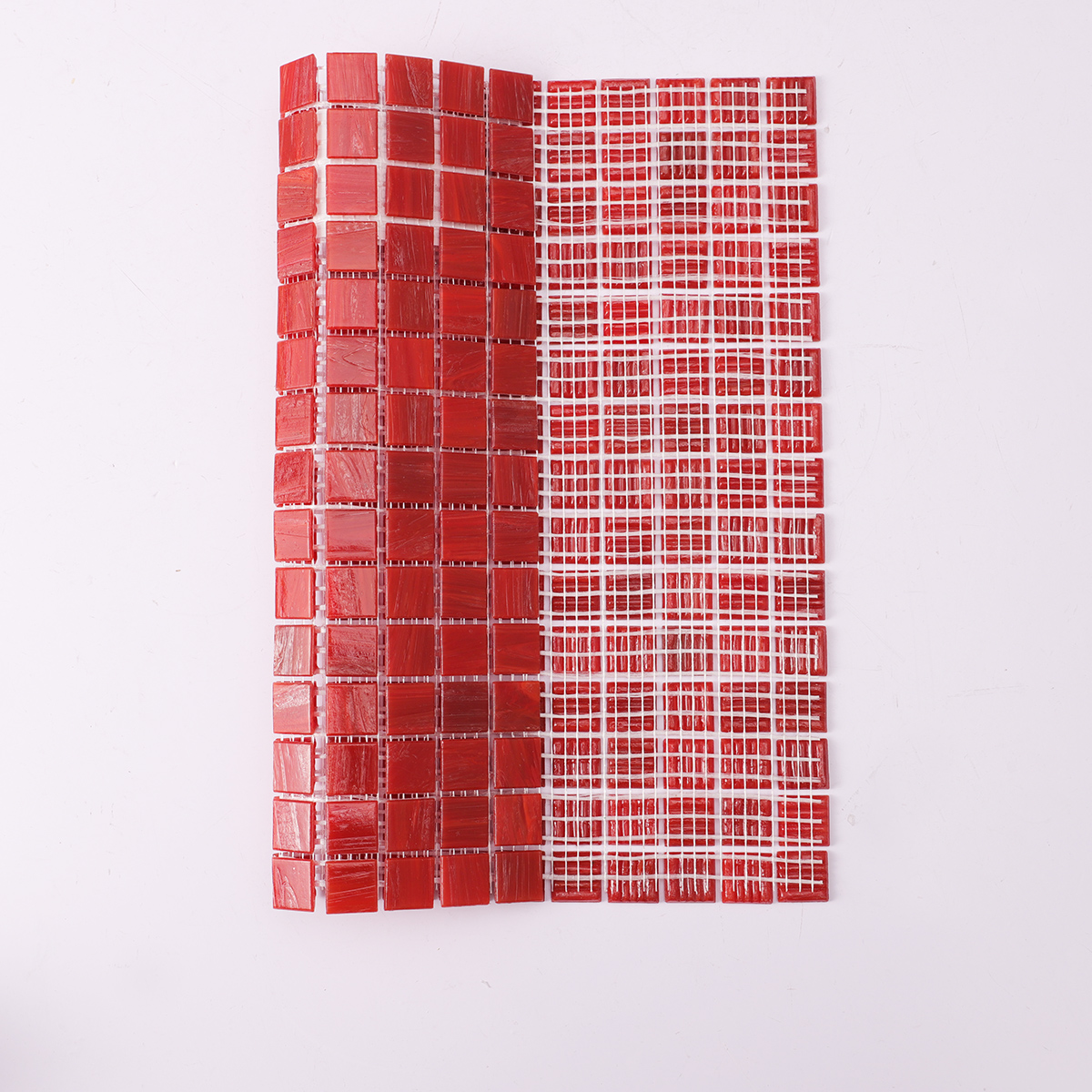 Red Square Glass Mosaic Bathroom Wall Tile, back side with fold visible