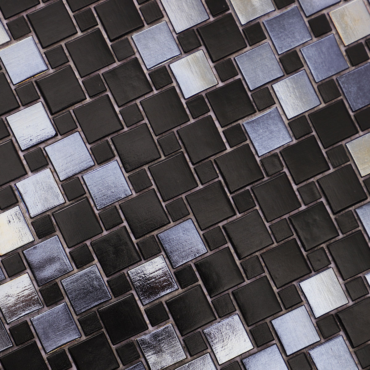 Detailed view of Windmill Pattern Black Glass Mosaic Tile, highlighting smooth 