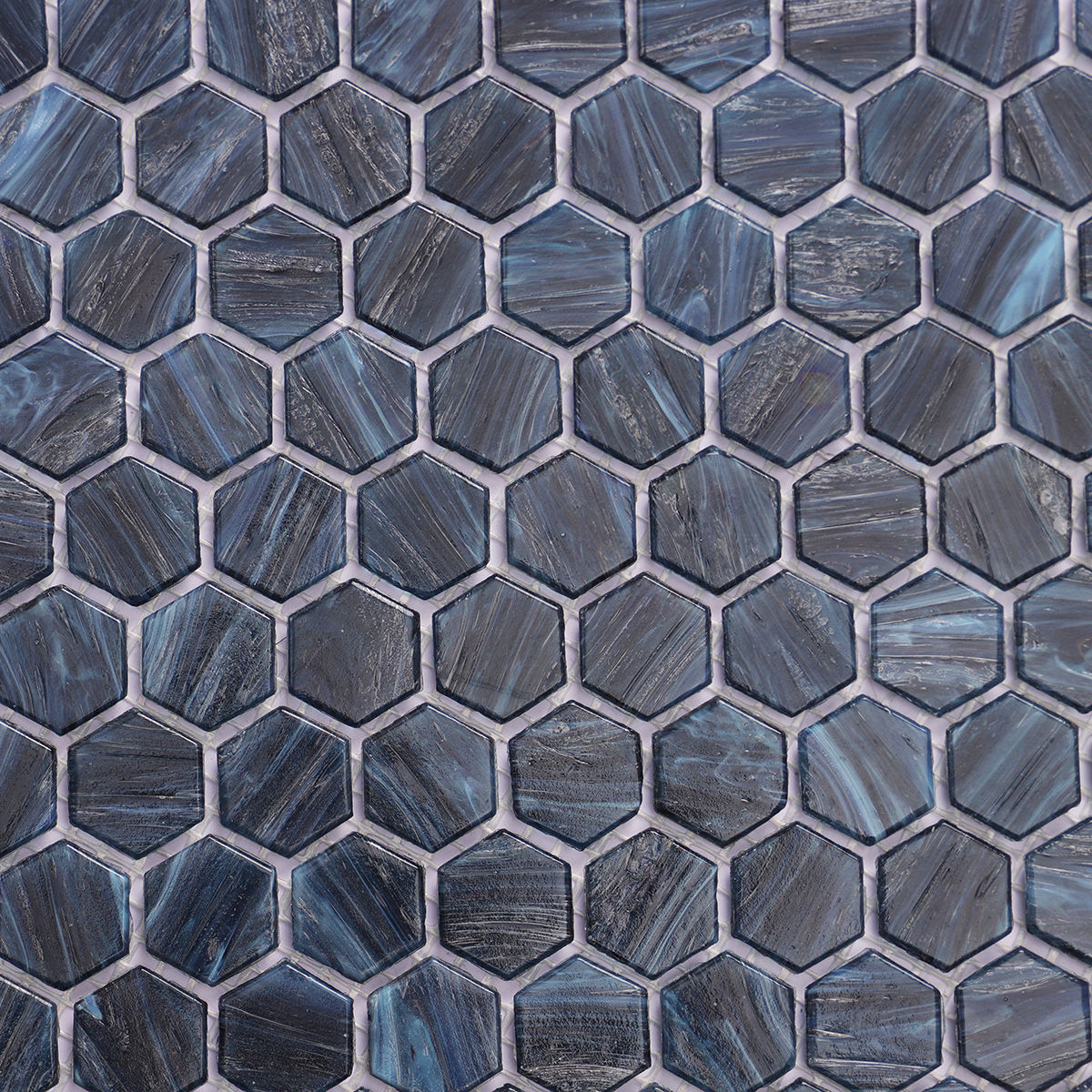 Close-up of Navy Blue Hexagon Glass Mosaic Tile