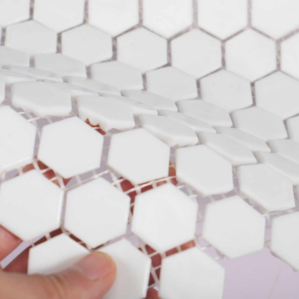 Detailed view of White Hexagon Glass Mosaic Tile