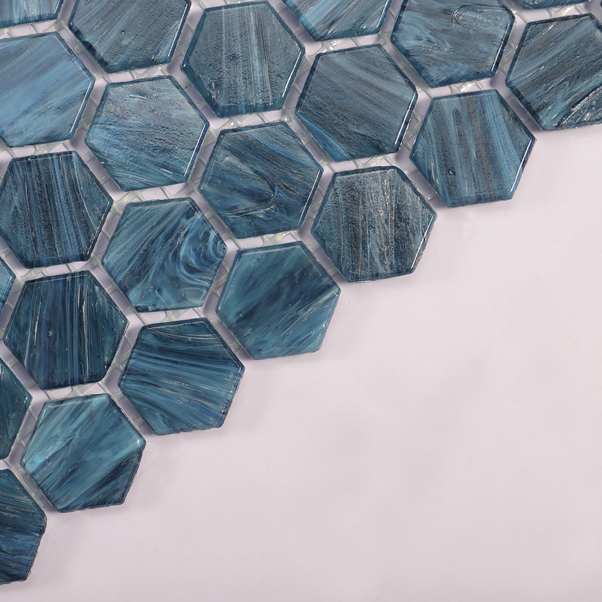 Side view close-up of Navy Blue Hexagon Glass Mosaic Tile
