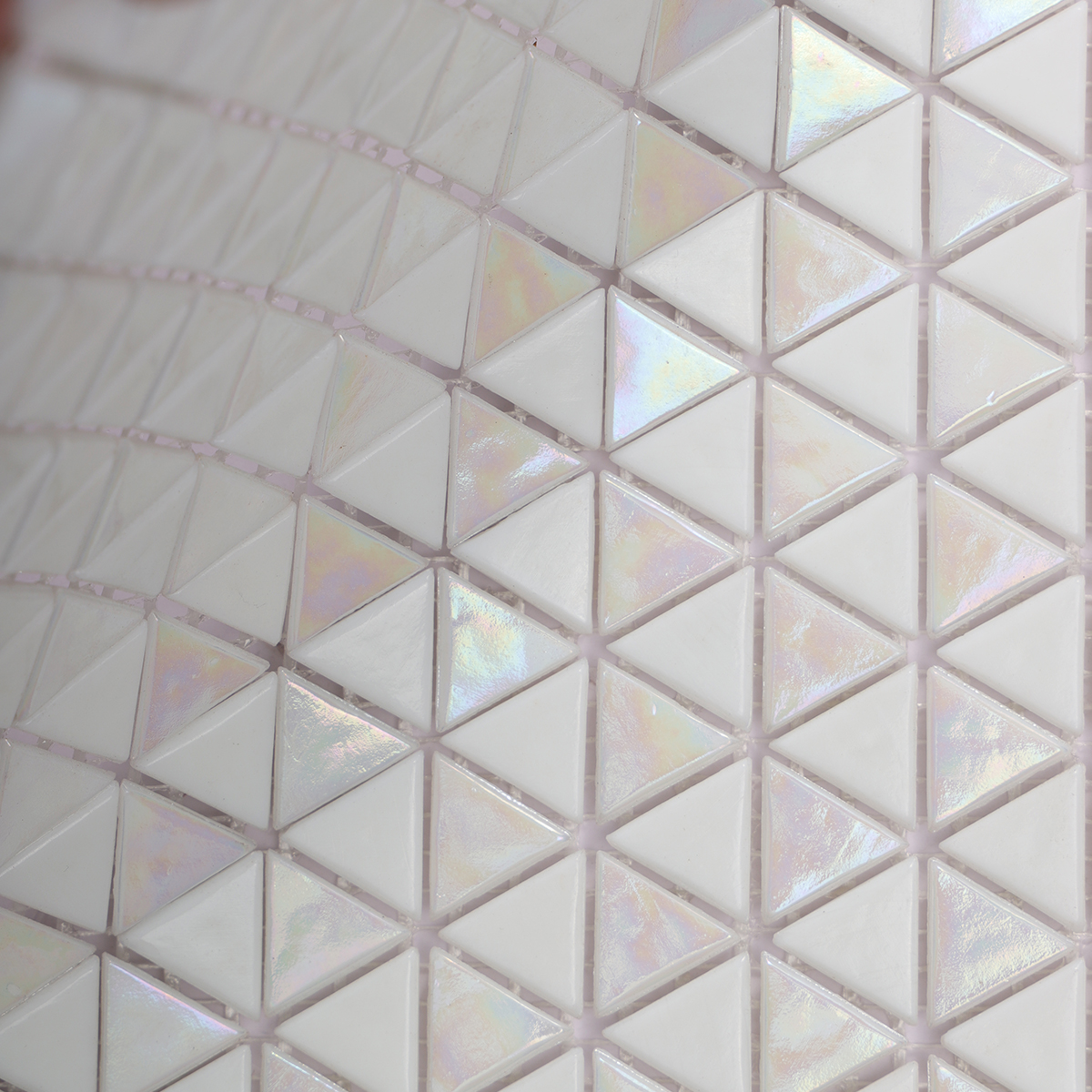 Detailed view of Glossy Iridescent White Glass Triangle Mosaic Tile