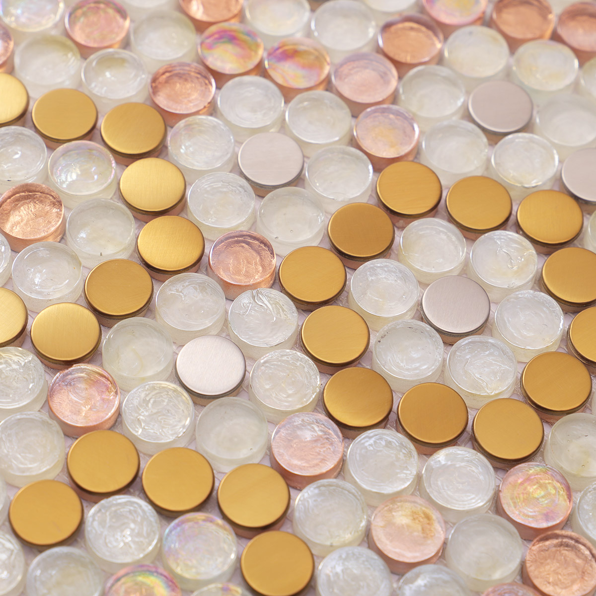 Close-up of Glass Mix Metal Circle Pattern Mosaic Tile Surface