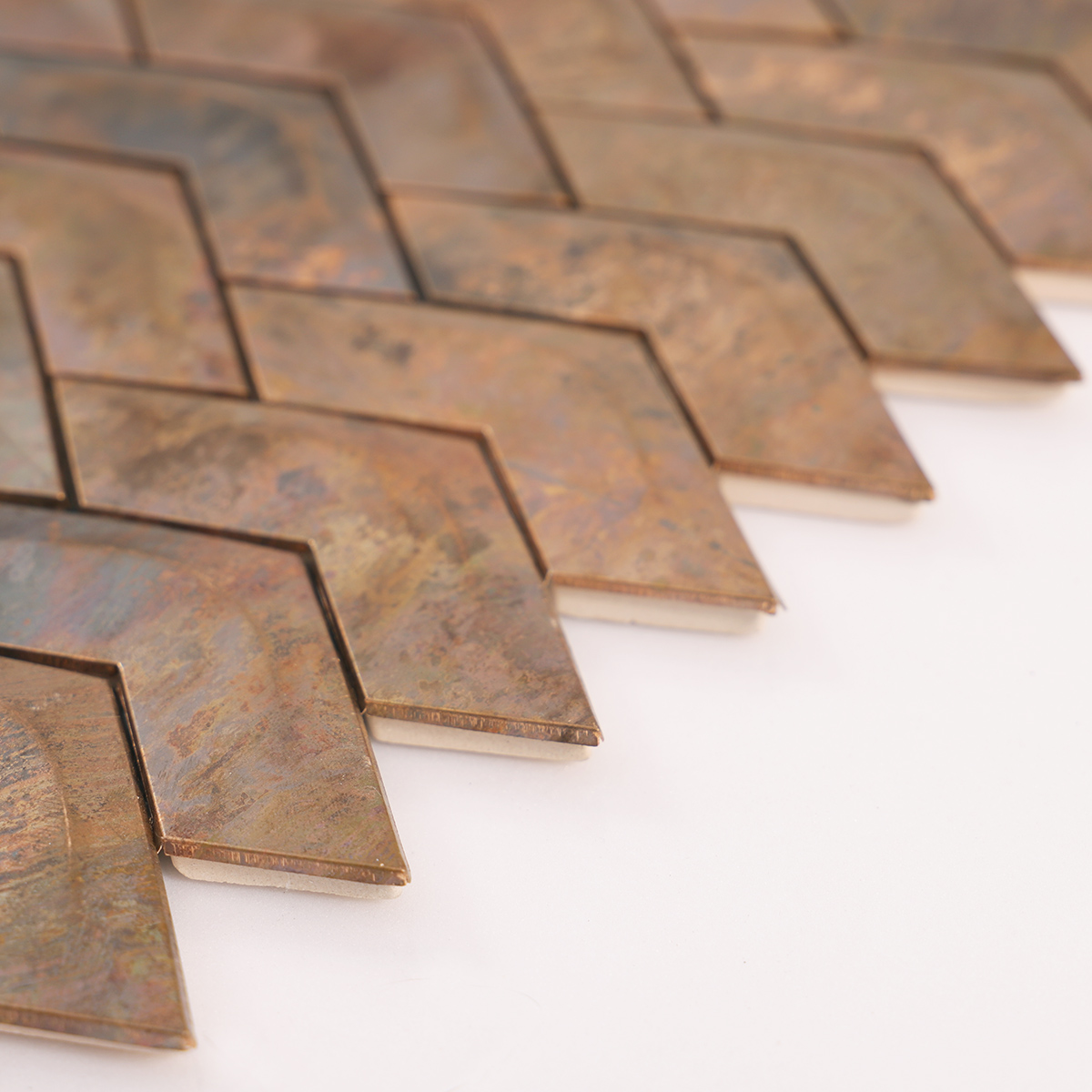 Side View Showing Thickness of Herringbone Copper 3D Wave Metal Tile