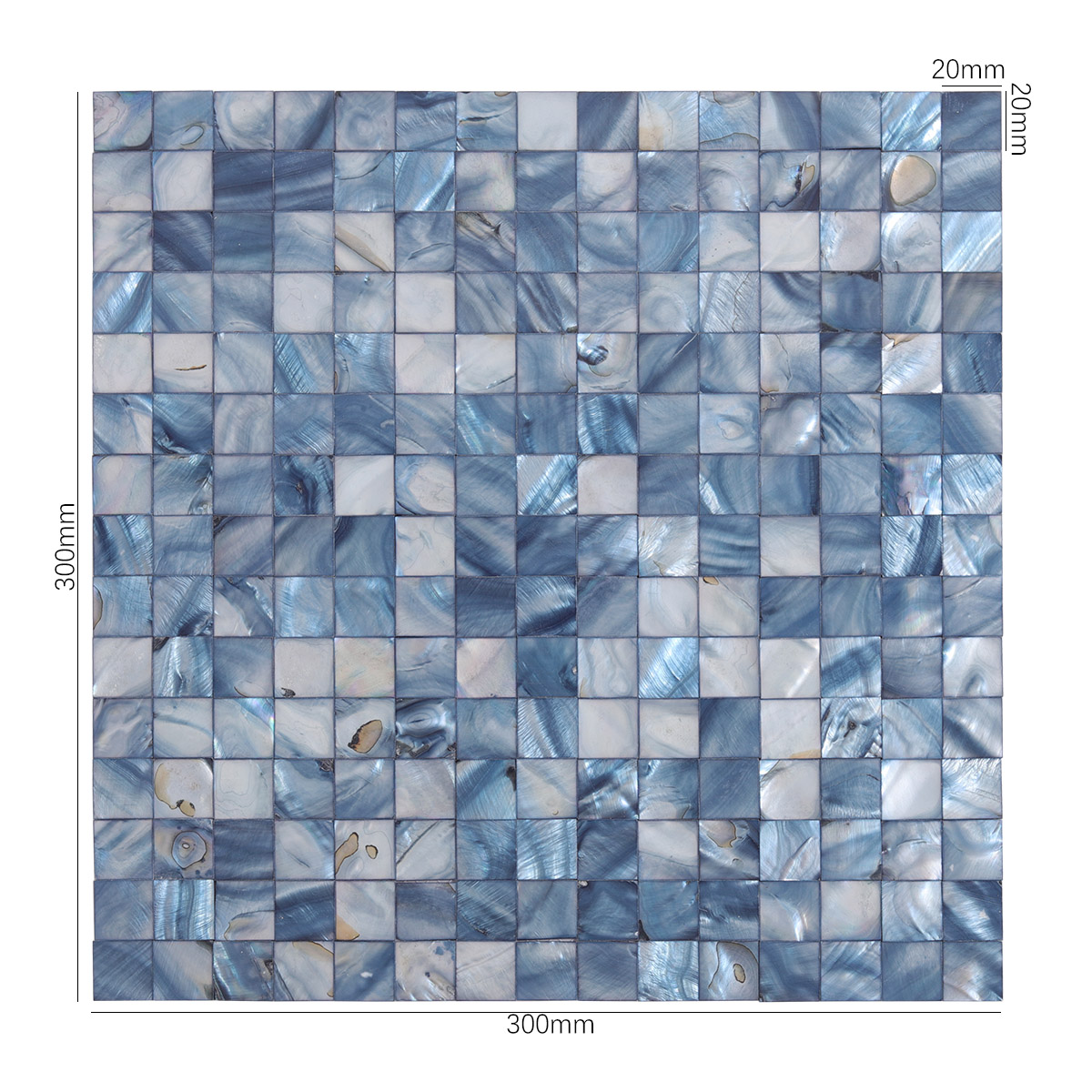 Front View of Iridescent Blue Mother of Pearl Mosaic Tile with Dimensions