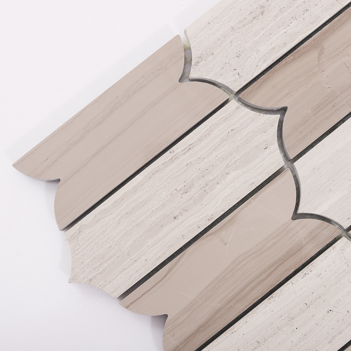 Detailed View of Limestone Wooden Beige Mosaic Tile Pattern