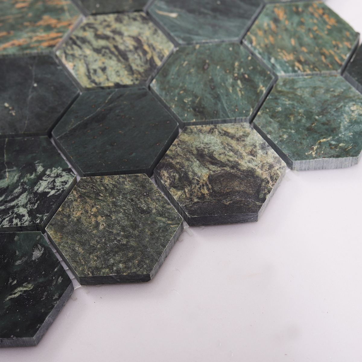 Side View Showing Thickness of Indian Green Hexagon Marble Mosaic Tile